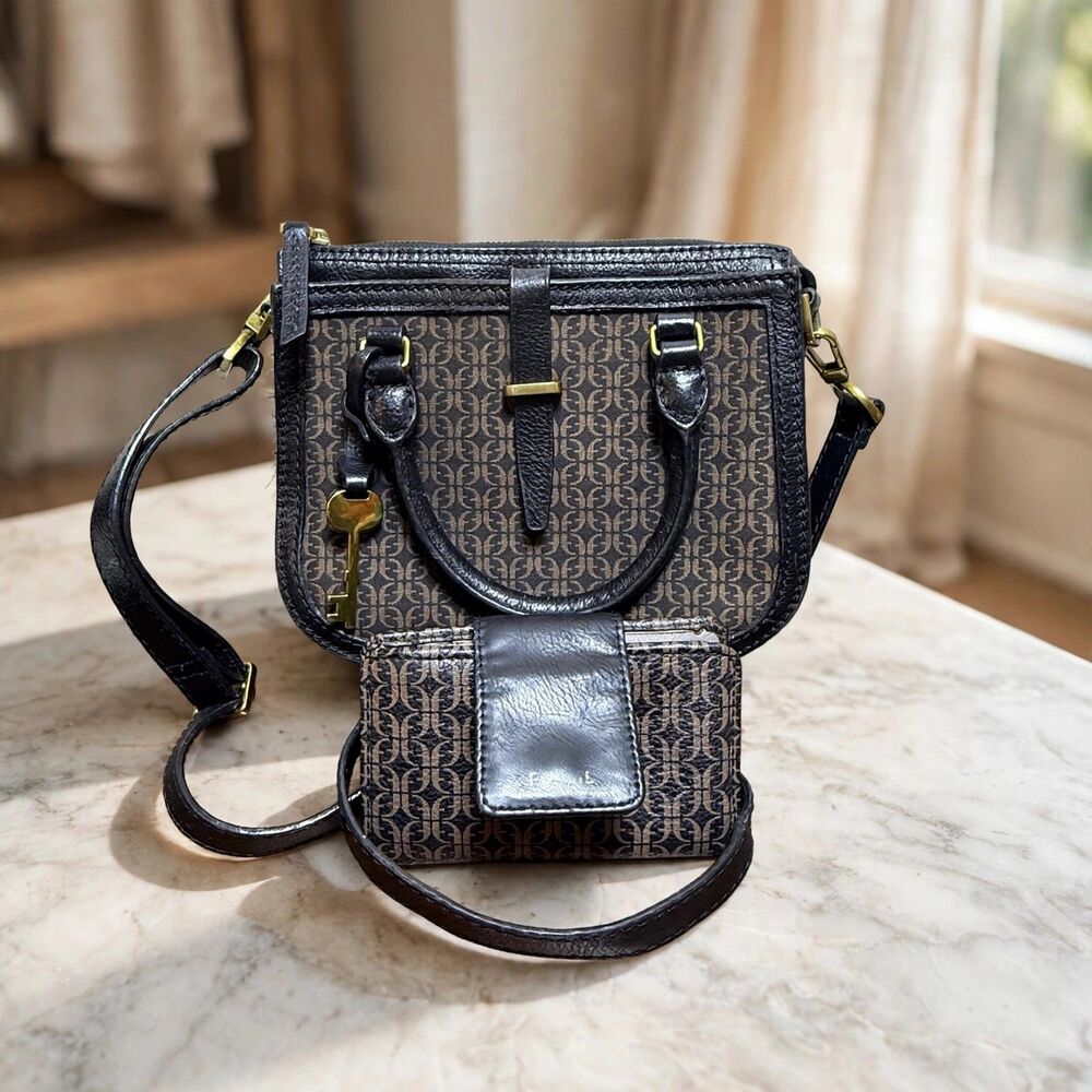Fossil Monogram Satchel Crossbody Bag Wallet Set Black Brown Key Charm